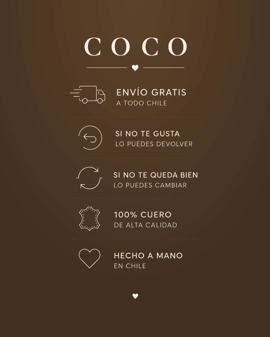 Envío gratis a todo Chile, devoluciones y cambios, 100% cuero hecho a mano en Chile
